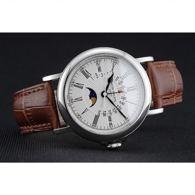 Cheap Replica Watches Patek Philippe Perpetual Calendar Retrograde Date White Dial Silver Case Brown Leather Bracelet 1454149-4