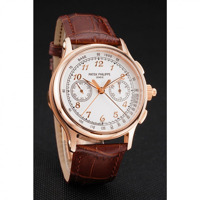 Swiss Patek Philippe Split Seconds Chronograph White Dial Rose Gold Case Brown Leather Strap-2