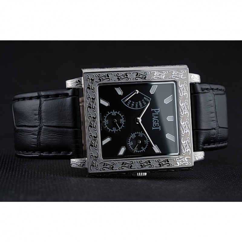 Piaget Emperador Limited Edition Black Dial Engraved Silver Case Black Leather Bracelet 1454136-4