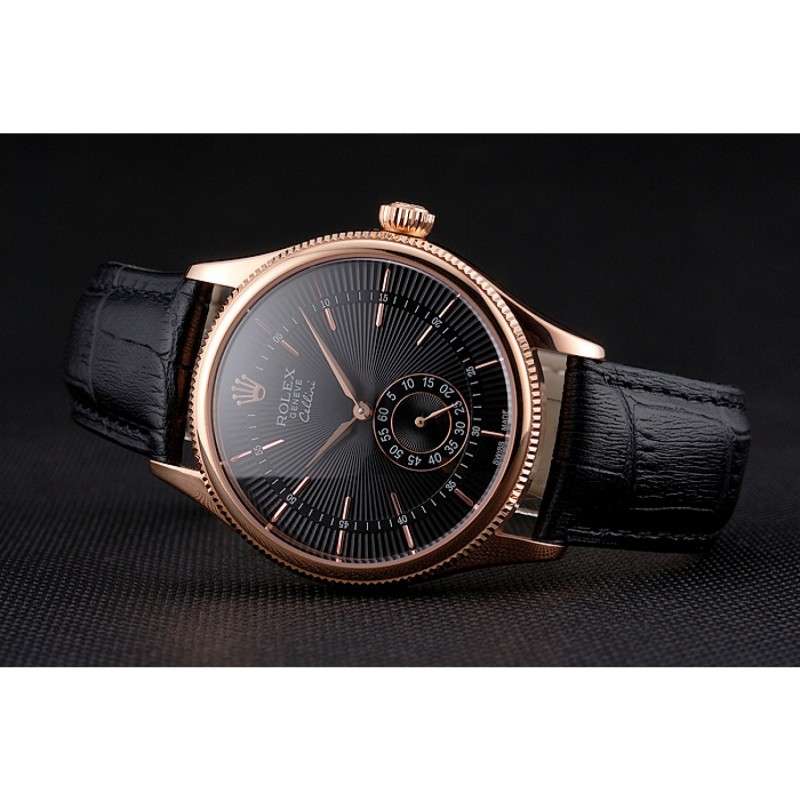 Swiss Rolex Cellini Black Dial Rose Gold Case Black Leather Strap-4