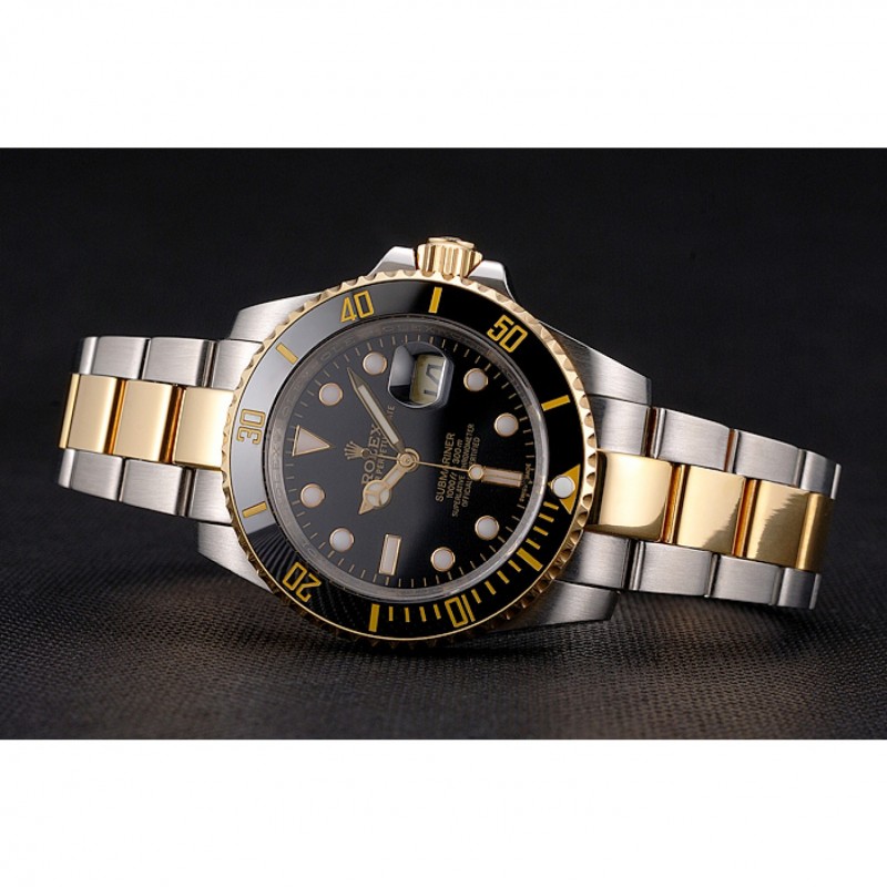 Swiss Rolex Submariner Black Dial And Bezel Two Tone Steel Gold Bracelet-3