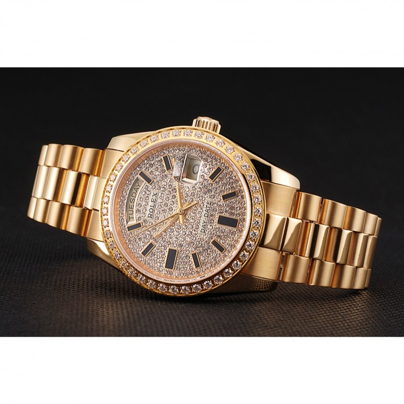 Swiss Rolex Day Date Diamond Pave Dial And Bezel Gold Case And Bracelet-3
