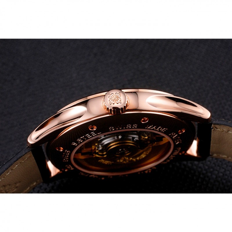Swiss Patek Philippe Calatrava Black Dial Rose Gold Case Black Leather Strap-8