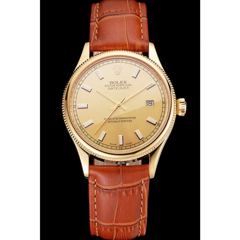 AAA Swiss Rolex Datejust Gold Dial Gold Case Light Brown Leather Strap-1