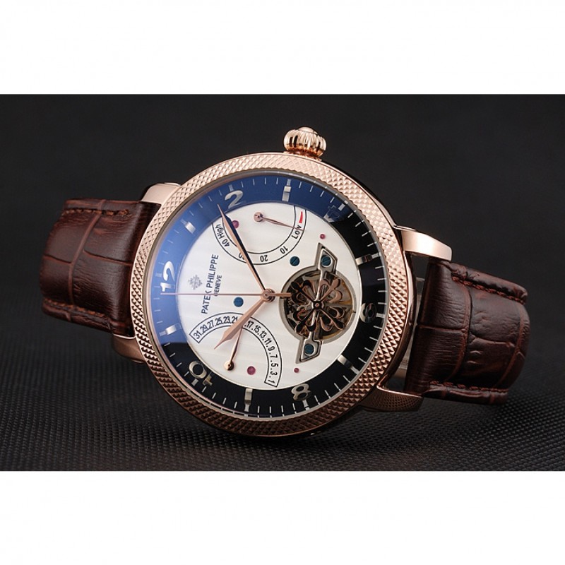 Patek Philippe Classic Tourbillon Power Reserve Black And White Dial Rose Gold Case Brown Leather Strap-4