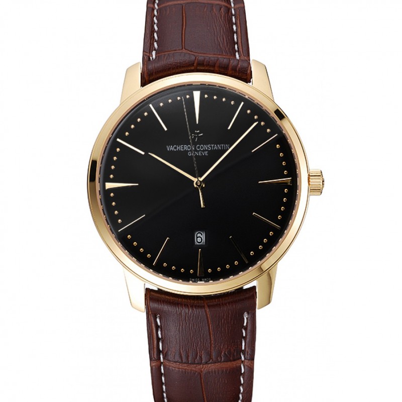 SS Replica Watches Swiss Vacheron Constantin Patrimony Black Dial Gold Case Brown Leather Bracelet 1454179-0