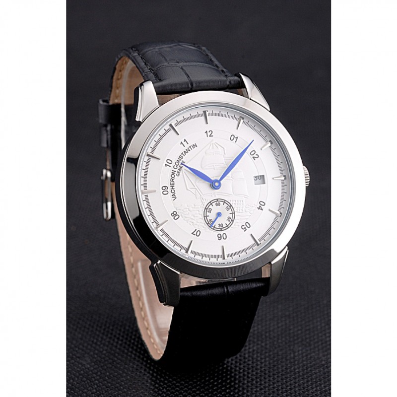 Vacheron Constantin Traditionnelle White Ship Dial Stainless Steel Case Black Leather Strap-2