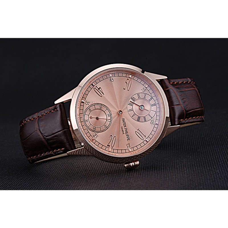 Patek Philippe Geneve Two Dial Rose Dial Rose Gold Bezel Brown Leather Band 622149-3