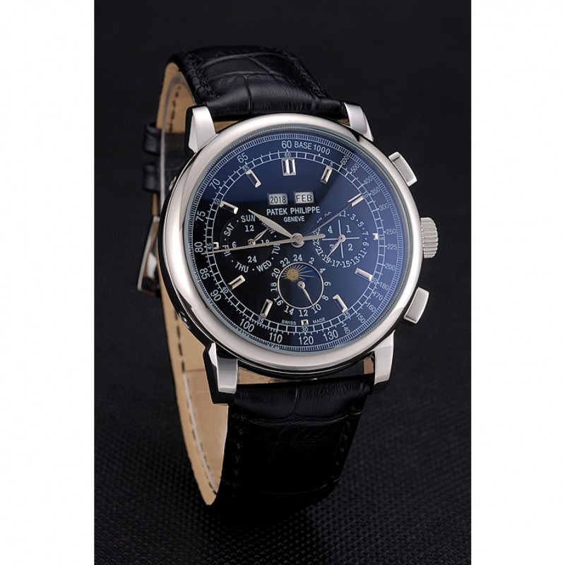 Best Patek Philippe Grand Complications Black Dial Black Leather Bracelet-2