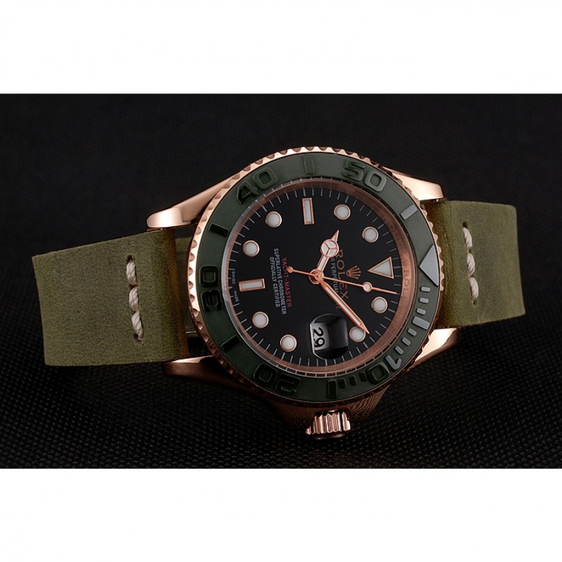 Rolex Yacht Master Black Dial Green Bezel Rose Gold Case Green Leather Bracelet 1453862-2
