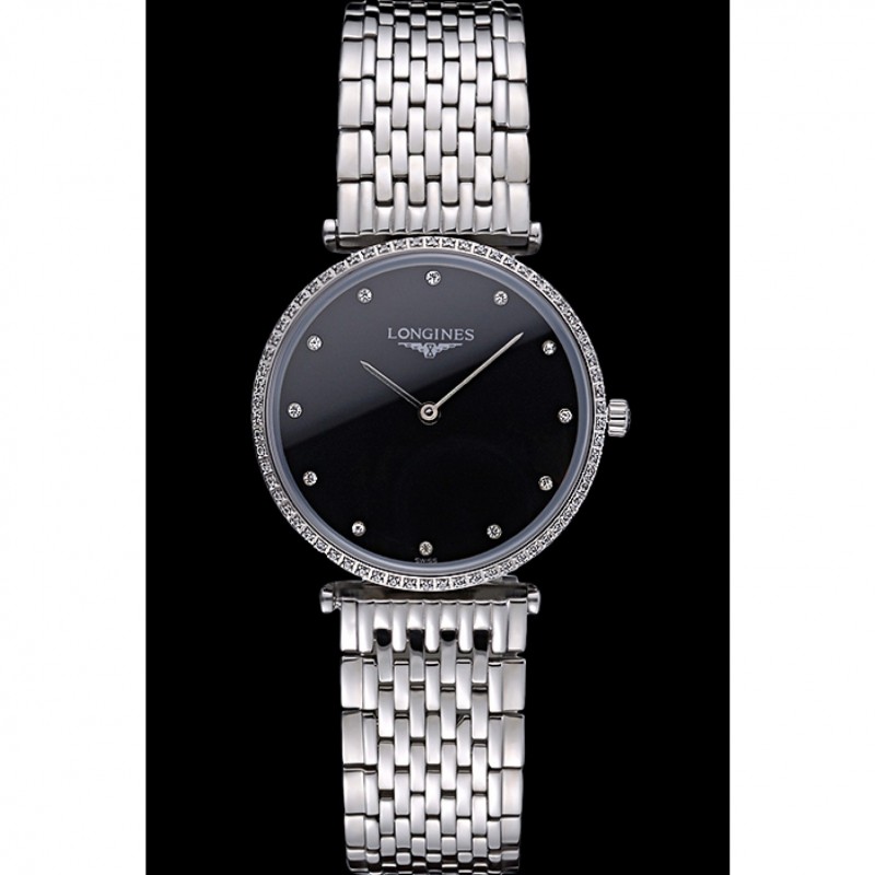 Longines La Grande Classique Stainless Steel Black Dial Diamond Bezel Homme 622107-1