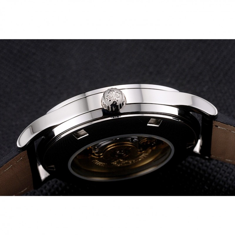 Swiss Patek Philippe Calatrava Silver Dial Stainless Steel Case Black Leather Strap-7
