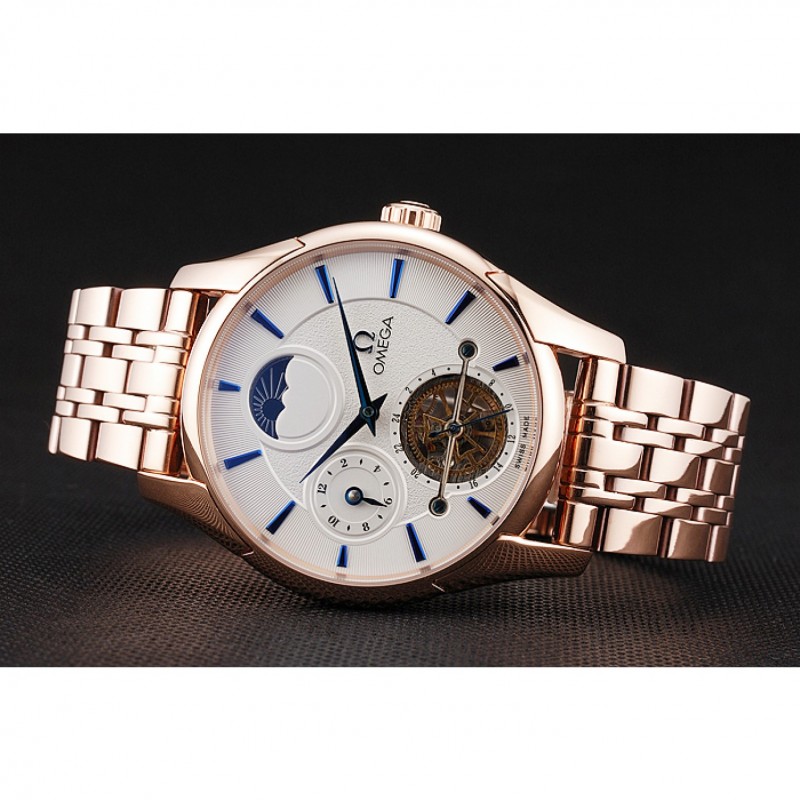 AAA Replica Watches Omega De Ville Moonphase Tourbillon White Dial Blue Hands Rose Gold Case And Bracelet-3