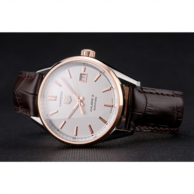 High Quality Replica Watches Swiss Tag Heuer Carrera Calibre 5 White Dial Rose Gold Case Brown Leather Strap-3