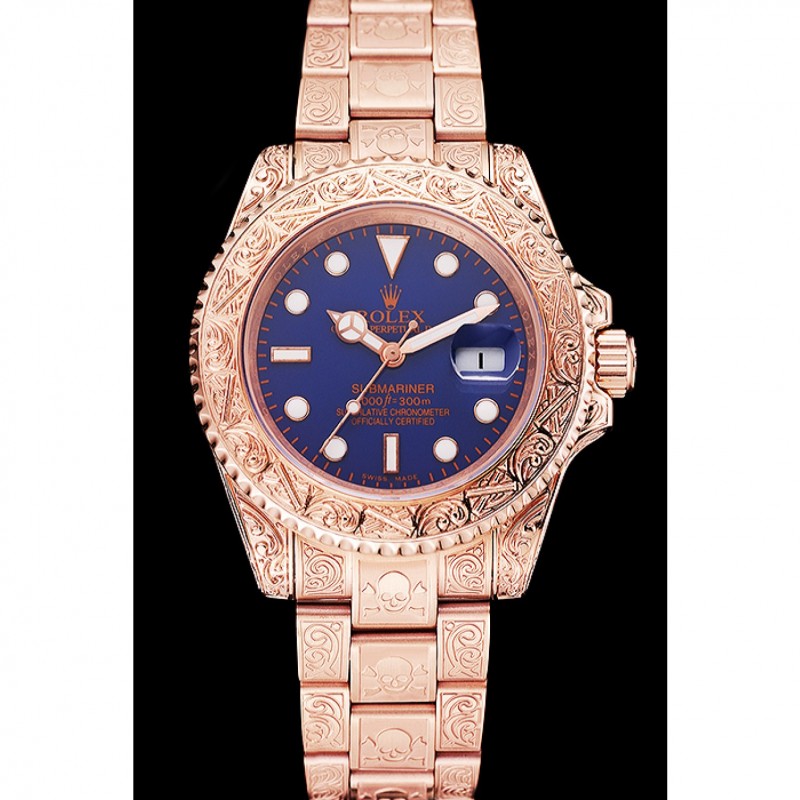 Swiss Rolex Submariner Skull Limited Edition Blue Dial Rose Gold Case And Bracelet 1454085-1