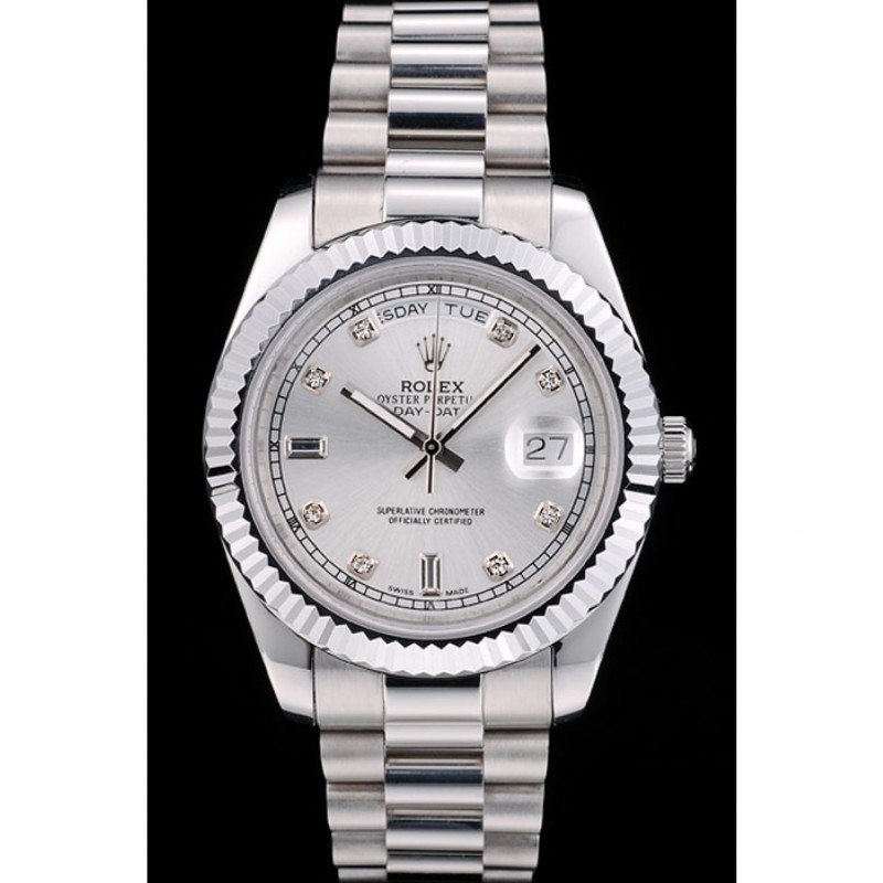 High Quality Replica Watches Rolex Swiss DayDate Stainless Steel Ribbed Bezel Silver Dial 41995-1