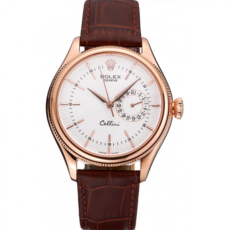 High End Replica Watches Rolex Cellini White Rose Dial Gold Case Brown Leather Bracelet 622725-0