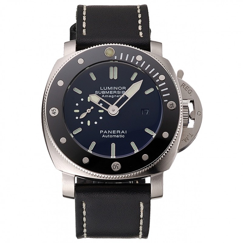 Panerai Luminor Submersible Black Dial Stainless Steel Case Black Bezel Black Leather Strap-0