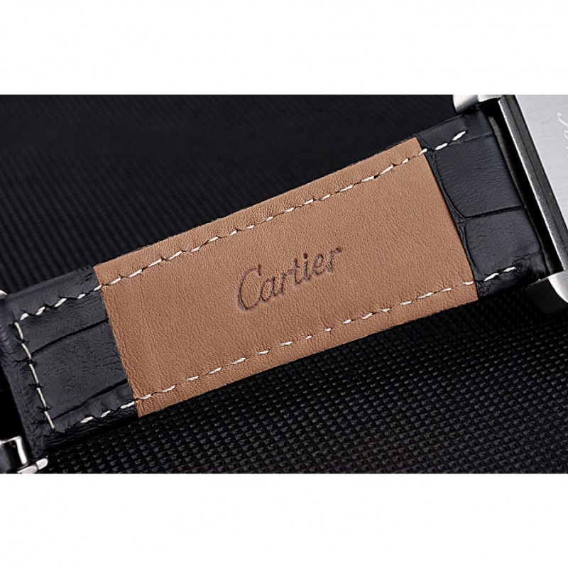 High Quality Replica Watches Cartier Tank MC Black Dial Stainless Steel Case Black Leather Bracelet 622690-7