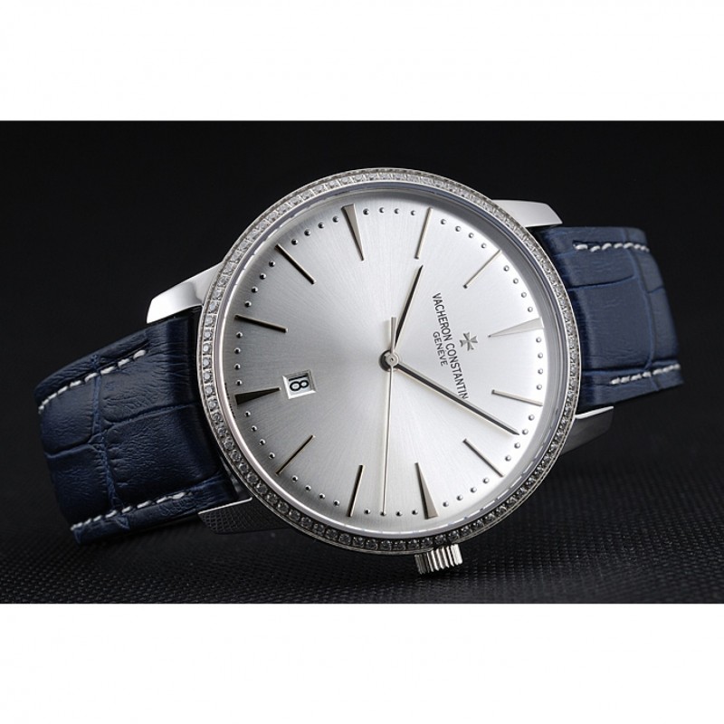 High End Replica Watches Swiss Vacheron Constantin Patrimony Silver Dial Silver Diamonds Case Blue Leather Bracelet 1454161-4