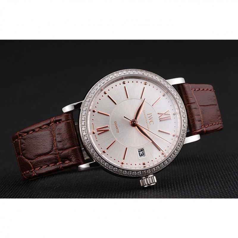 IWC Portofino Silver Dial Stainless Steel Case Diamonds Bezel Brown Leather Strap-4