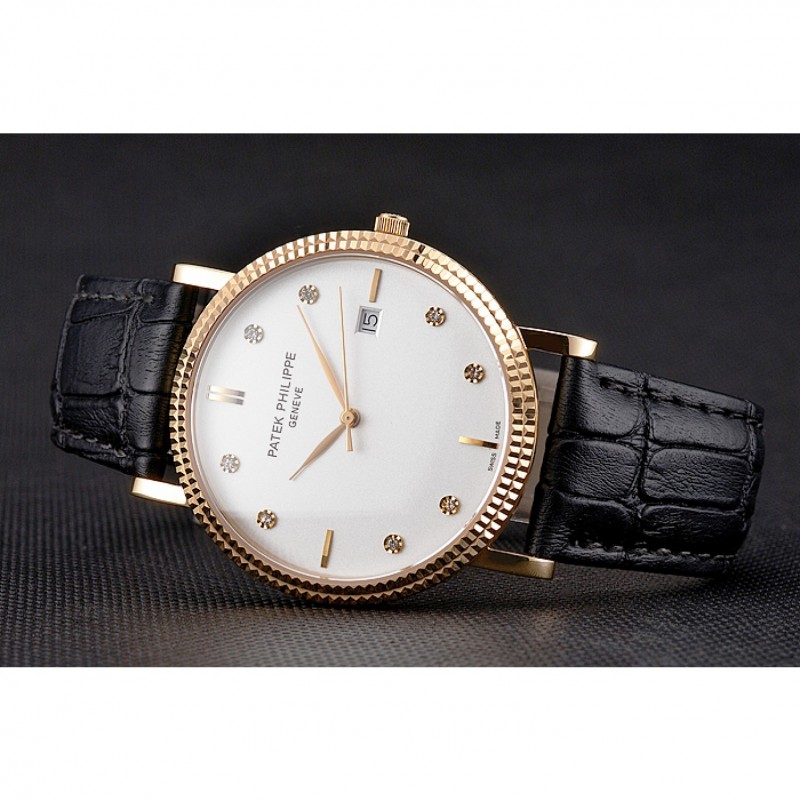 Patek Philippe Calatrava White Dial Diamond Hour Marks Ribbed Bezel Gold Case Black Leather Strap-4