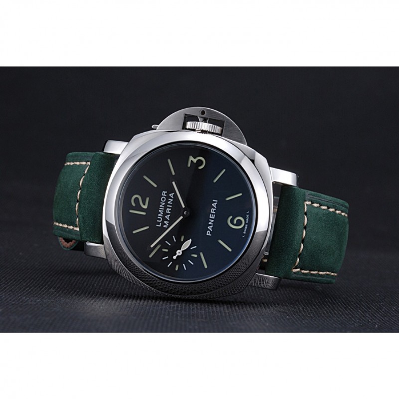 SS Replica Watches Panerai Luminor Marina Polished Stainless Steel Bezel Green Leather Bracelet 622310-4