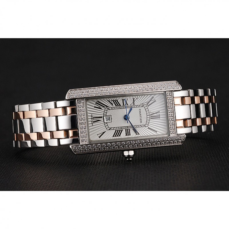 Luxury Replica Watches Cartier Tank Americaine White Dial Diamond Bezel Stainless Steel Case Two Tone Bracelet 1453778-3