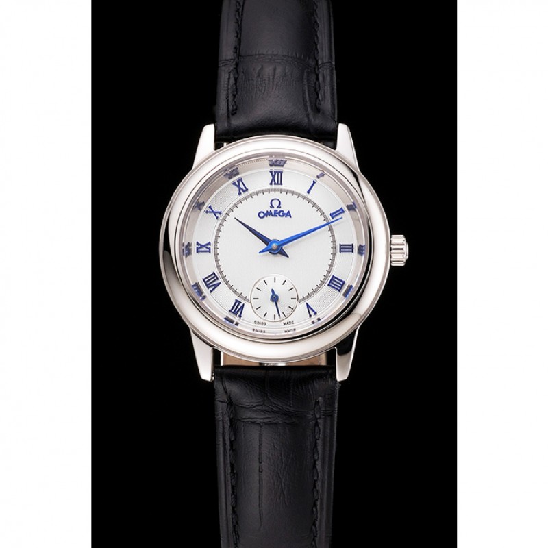 Omega De Ville Prestige Small Seconds White Dial Blue Numerals Stainless Steel Case Black Leather Strap-1
