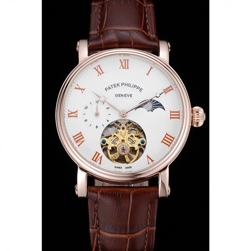 Patek Philippe Complications Moonphase Tourbillon White Dial Rose Gold Case Brown Leather Strap-1