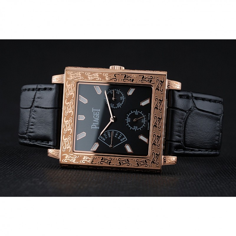 Piaget Emperador Limited Edition Black Dial Engraved Gold Case Black Leather Bracelet 1454137-3