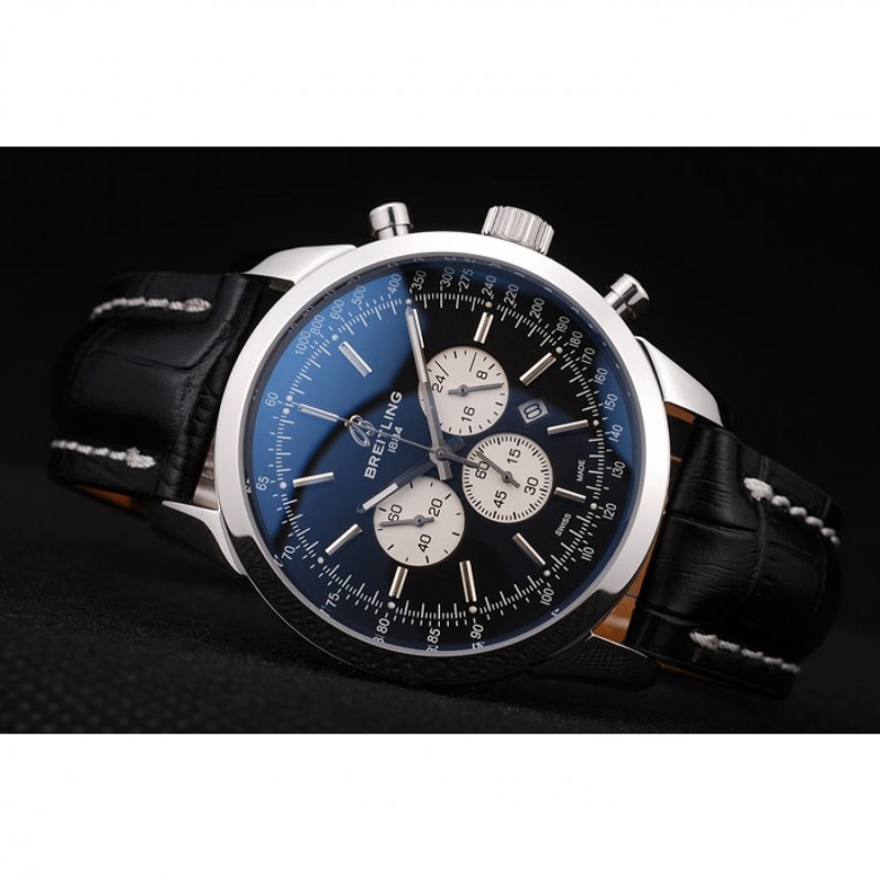 High Quality Breitling Transocean Black Dial Black Leather Strap Polished Stainless Steel Bezel-4