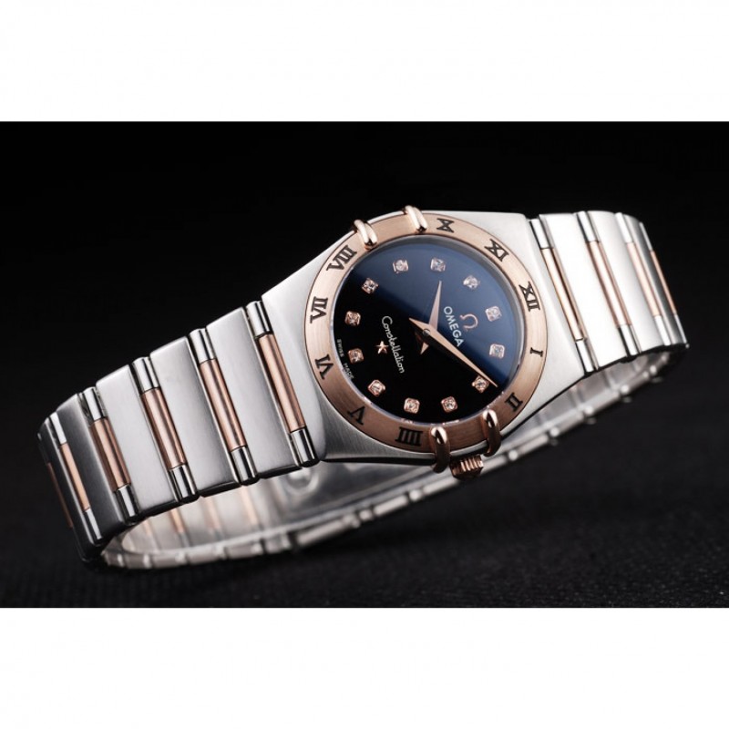 Omega Swiss Constellation Jewelry Rose Gold Case Black Dial 98114-3
