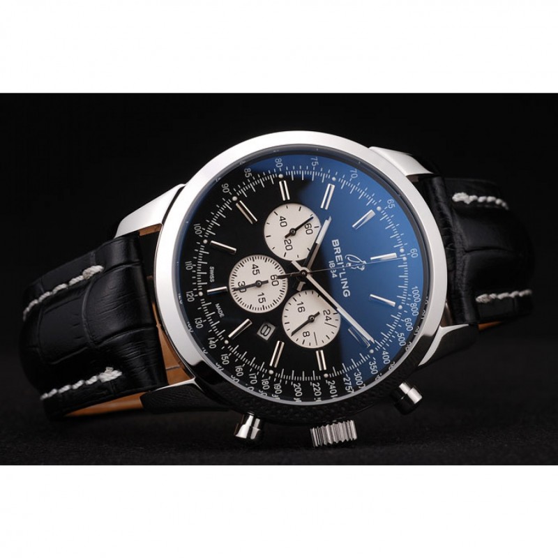 High Quality Breitling Transocean Black Dial Black Leather Strap Polished Stainless Steel Bezel-3