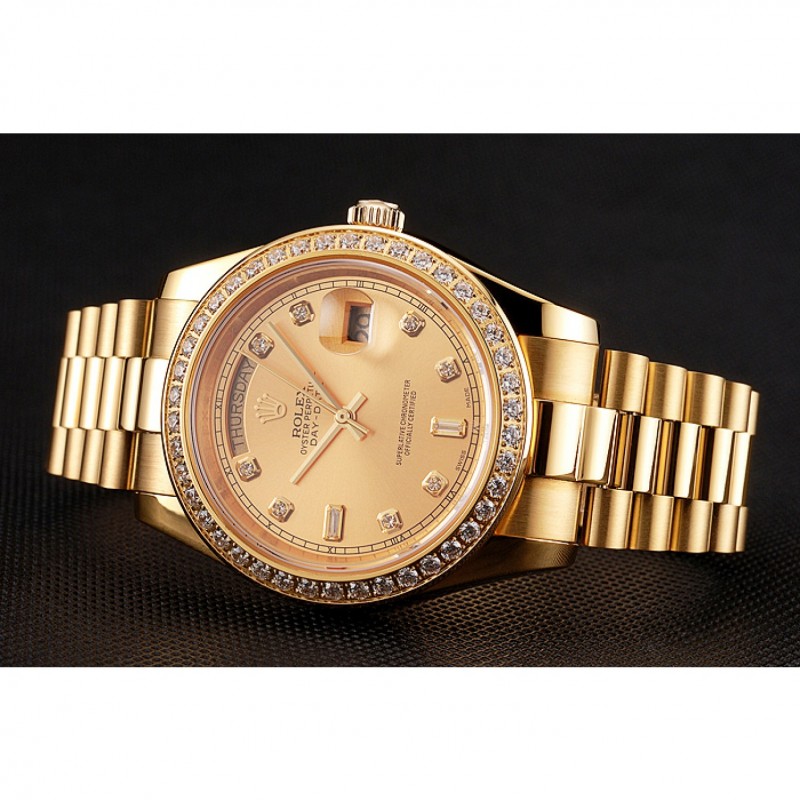 Swiss Rolex Day-Date Champagne Dial Diamond Bezel Gold Bracelet 1454099-4