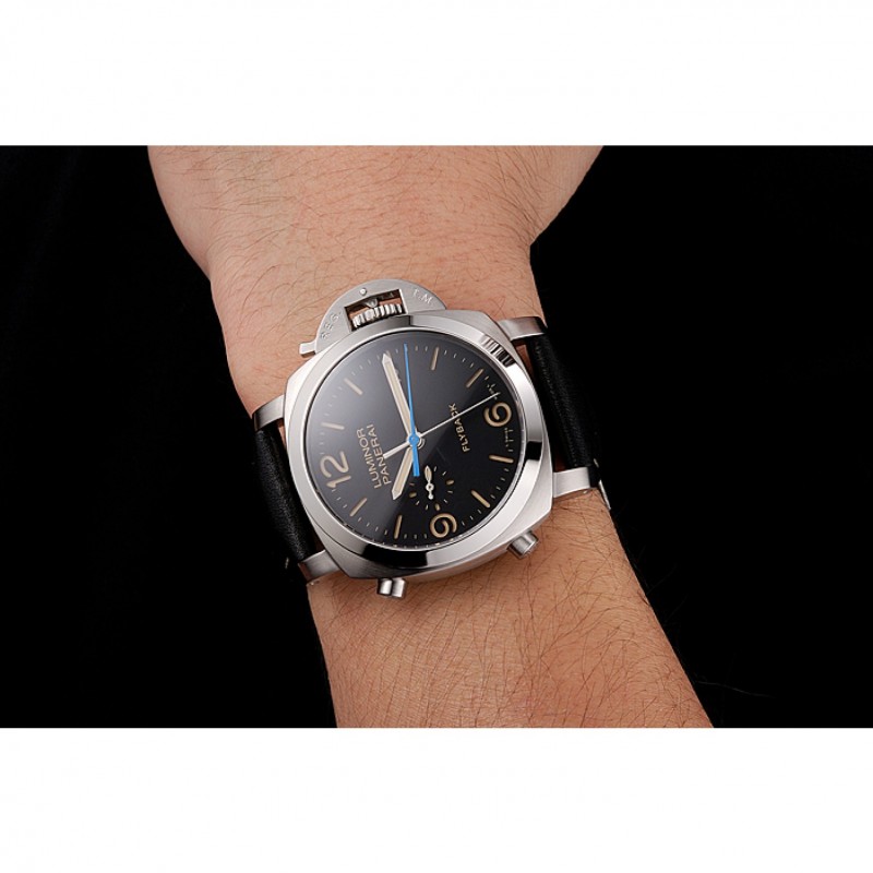 Luxury Replica Watches Swiss Panerai Luminor Flyback Chronograph Black Dial Stainless Steel Case Black Leather Strap-8