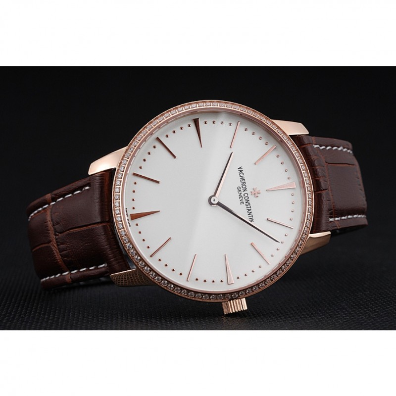 Swiss Vacheron Constantin Patrimony Grand Taille White Dial Rose Gold Diamonds Case Brown Leather Bracelet 1454171-4