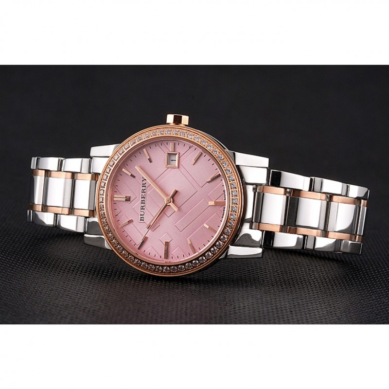 Cheap Burberry The City Pink Dial Rose Gold Diamond Bezel Stainless Steel Case Two Tone Bracelet-4