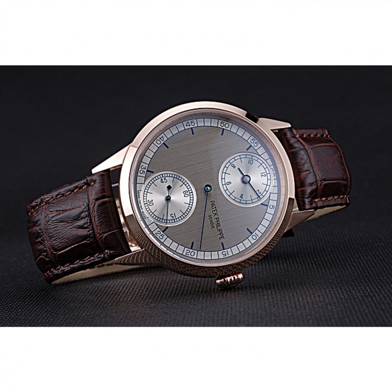 Patek Philippe Geneve Two Dial Gray Dial Rose Gold Bezel Brown Leather Band 622148-3