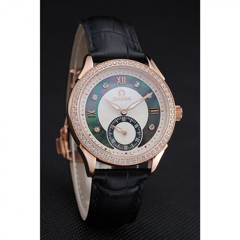 Omega DeVille Prestige Black Dial Gold Diamond Case Black Leather Bracelet 1454123-2