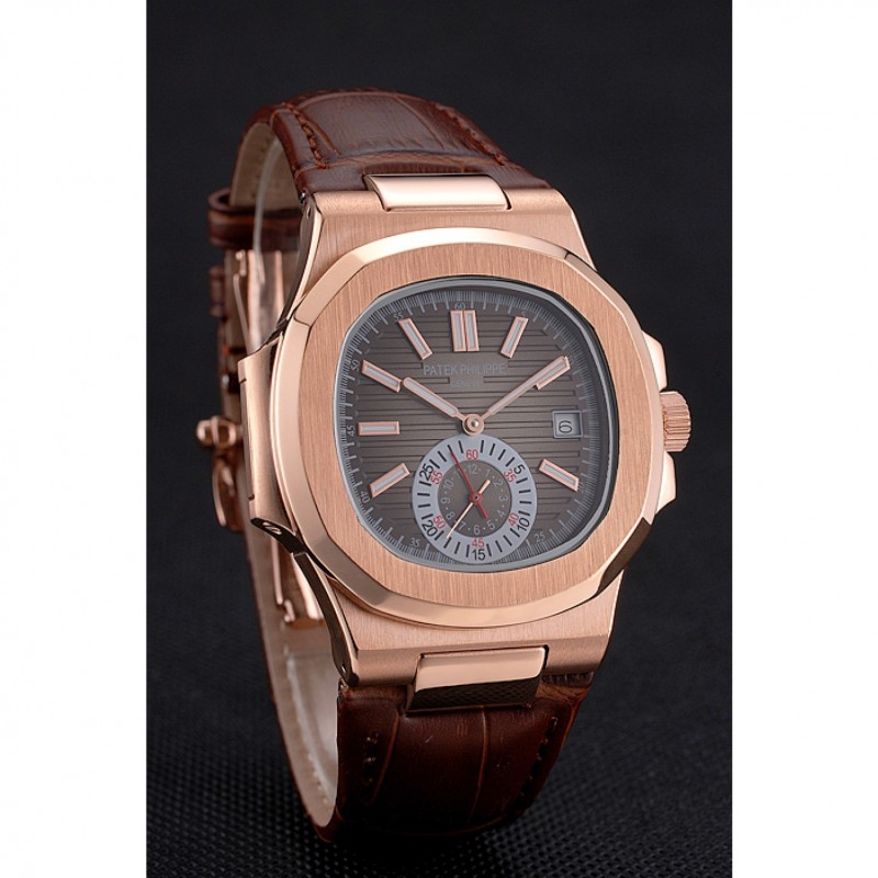 Patek Philippe Nautilus Gray Dial Rose Gold Case Brown Leather Strap-2