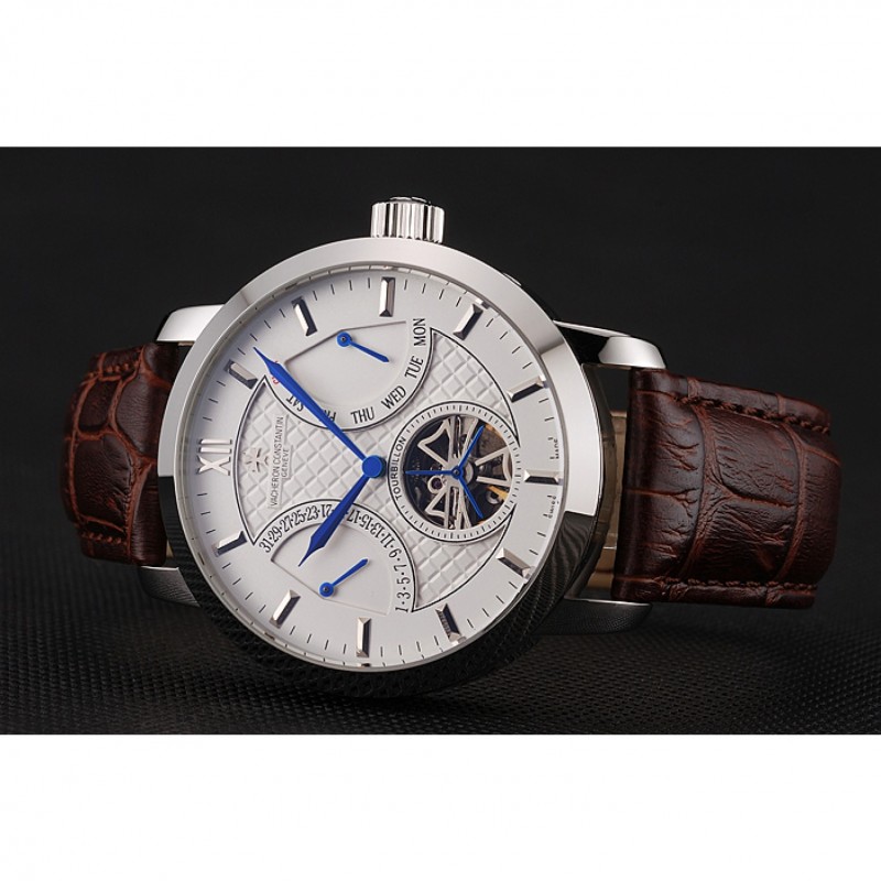 Vacheron Constantin Tourbillon White Dial Stainless Steel Case Brown Leather Bracelet-4