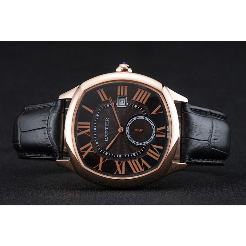 Cartier Drive De Cartier Black Dial Gold Case Black Leather Bracelet 1454214-3