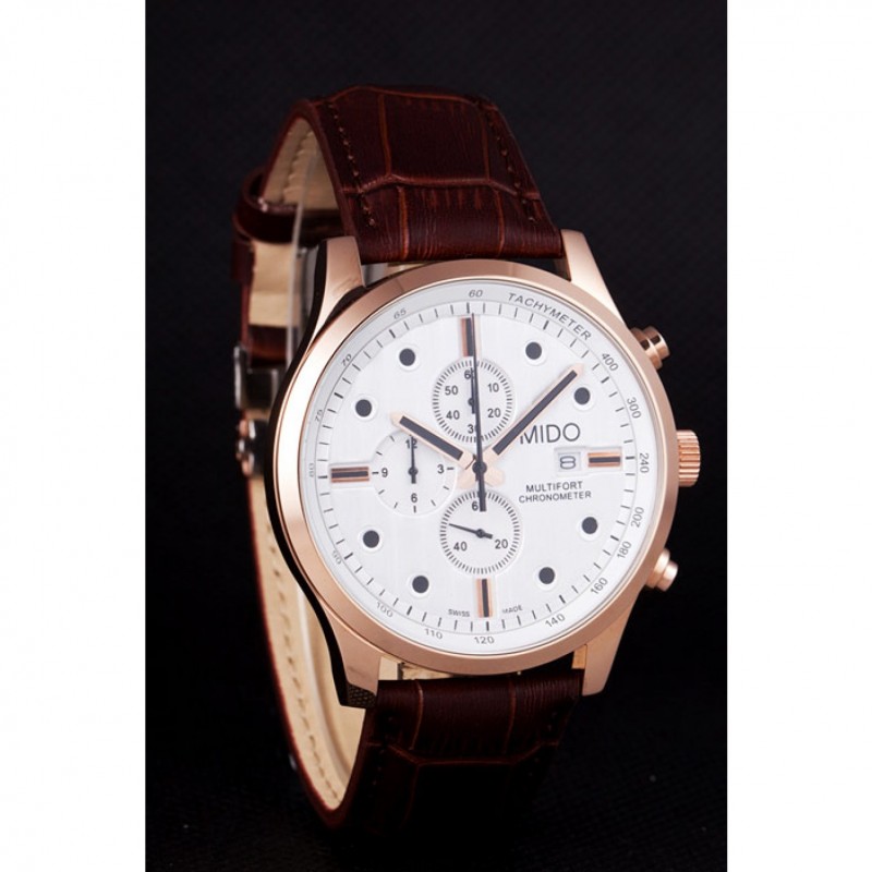 Mido Multifort Brown Croco Leather Strap White Dial 80287-2