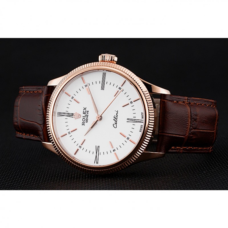 Swiss Rolex Cellini Time Gold Case White Dial Brown Leather Bracelet 622655-4