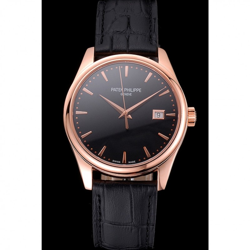 Swiss Patek Philippe Calatrava Black Dial Rose Gold Case Black Leather Strap-1