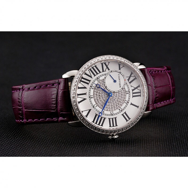 Cartier Ronde Louis Silver Diamond Case White Dial Purple Leather Bracelet 1454009-2