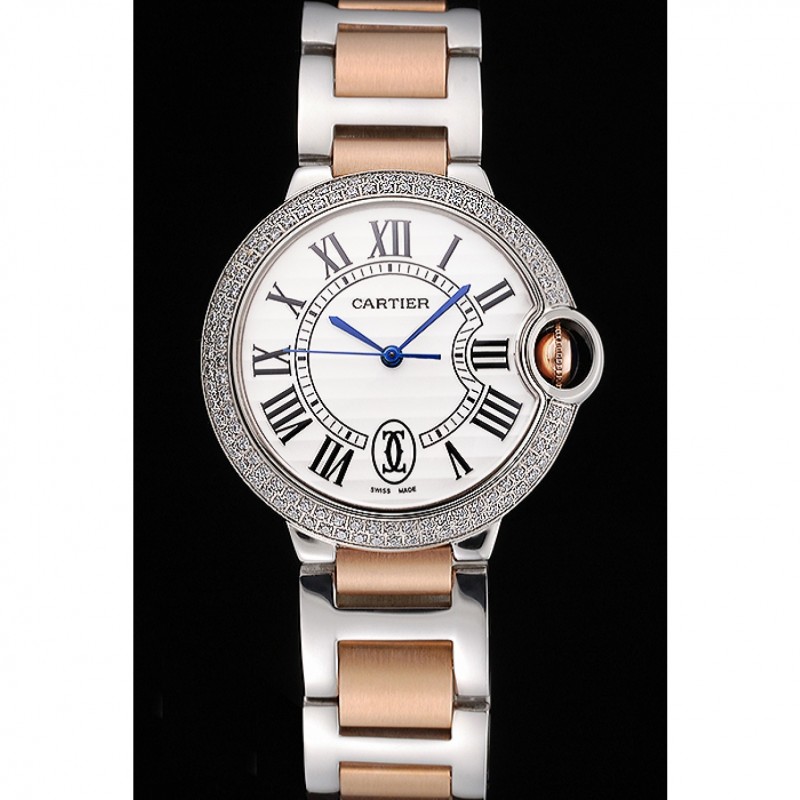Swiss Ballon Blue De Cartier Diamond Steel Case White Dial Roman Numerals Two Tone Bracelet 622647-1