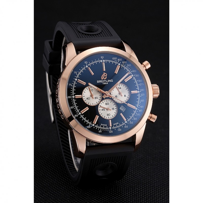Breitling Transocean Black Dial Black Rubber Strap Rose Gold Bezel 98207-2