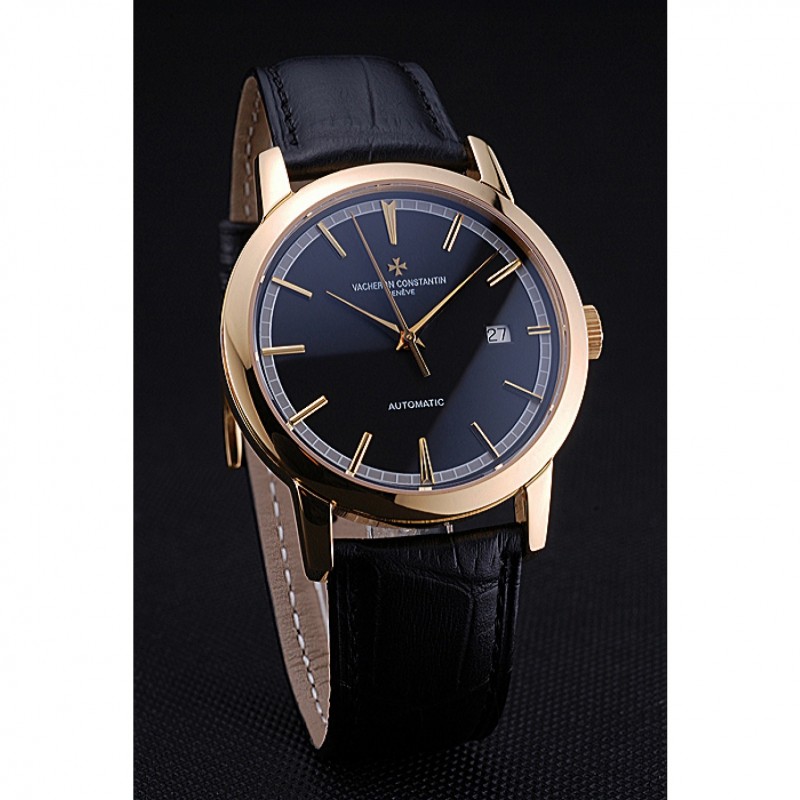 Swiss Vacheron Constantin Patrimony Traditionnelle Gold Case Black Leather Bracelet 622558-2